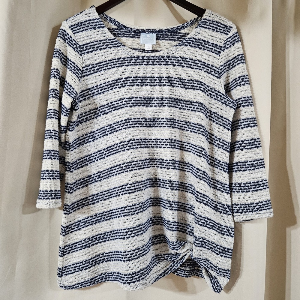 Sunday Womens Navy Blue Cream Striped Side Knot Knit Sweater Top Size L bohemian